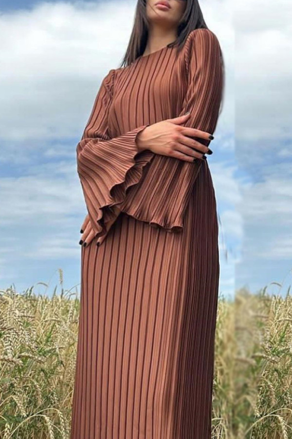 Robe longue plissée à col rond, couleur unie, marron, Street