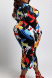 Zwarte casual print patchwork rits O-hals bedrukte jurk plus maten jurken