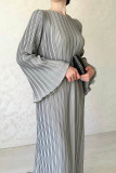Grey Street Solid Patchwork Pleated O Neck Long Dress Dresses