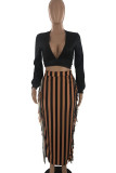 Black Casual Color Block Tassel Patchwork Contrast V Neck Long Sleeve Two Pieces