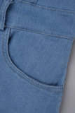 Небесно-голубые повседневные однотонные джинсовые комбинезоны с отложным воротником и короткими рукавами в стиле пэчворк