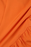 Orange Casual Solid Basic V Neck Long Sleeve Dresses