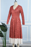 Красные повседневные платья с V-образным вырезом и принтом в стиле пэчворк (без пояса)