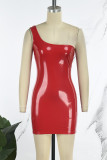 Red Sexy Solid Backless One Shoulder Sleeveless Dress Dresses