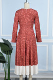 Rotes, lässig bedrucktes Patchwork-Kleid in A-Linie mit V-Ausschnitt (ohne Gürtel)