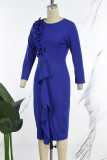 Königsblaue, lässige, solide Patchwork-Kleider mit O-Ausschnitt und langen Ärmeln