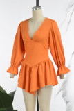 Orange Casual Solid Basic V-hals långärmade klänningar