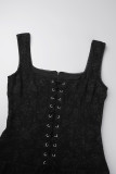 Black Sexy Casual Solid Frenulum Backless Square Collar Vest Dress Dresses