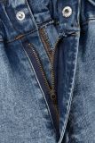 Tiefblaue, lässige, einfarbige, zerrissene, langärmlige Jeans-Jumpsuits mit Umlegekragen