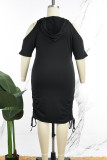 Black Casual Print Hollowed Out Frenulum Hooded Collar Short Sleeve Dress Plus Size Dresses
