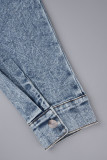 Темно-синие повседневные однотонные джинсовые комбинезоны с отложным воротником и длинными рукавами