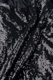 Zwarte sexy patchwork pailletten rugloze v-hals sling-jurkjurken