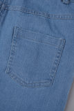 Небесно-голубые повседневные однотонные джинсовые комбинезоны с отложным воротником и короткими рукавами в стиле пэчворк