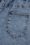Tiefblaue, lässige, einfarbige, zerrissene, langärmlige Jeans-Jumpsuits mit Umlegekragen