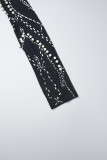 Schwarze sexy lässige Patchwork-Kleider mit heißem Bohren, rückenfrei, V-Ausschnitt und langen Ärmeln