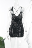 シルバー セクシー パッチワーク スパンコール バックレス V ネック スリング ドレス ドレス