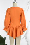 Оранжевые повседневные однотонные базовые платья с V-образным вырезом и длинными рукавами