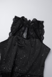 Schwarze, sexy, solide Patchwork-durchsichtige, ärmellose Kleider mit halbem Rollkragen