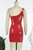 Red Sexy Solid Backless One Shoulder Sleeveless Dress Dresses