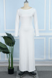 Robe longue blanche décontractée, couleur unie, dos nu, fente, col rond
