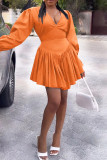 Оранжевые повседневные однотонные базовые платья с V-образным вырезом и длинными рукавами