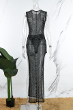 Черные сексуальные лоскутные длинные платья с прозрачными разрезами и круглым вырезом в стиле пэчворк