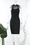 ブラック セクシー ソリッド パッチワーク シースルー ハーフ タートルネック ノースリーブ ドレス ドレス