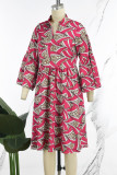 Vestidos de manga comprida com estampa casual vermelha patchwork com decote em V (sujeito ao objeto real)