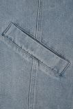 O cowboy azul Casual Sólido Patchwork Turndown Collar Manga Comprida Jaqueta Jeans Regular