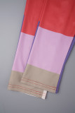 Multicolor Casual Listrado Patchwork Cardigan Coletes Calças Manga Longa Conjunto de Três Peças