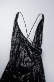 Zwarte sexy patchwork pailletten rugloze v-hals sling-jurkjurken