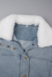 The cowboy blue Casual Solid Patchwork Turndown Collar Long Sleeve Regular Faux Fur Collar Denim Coat Trucker Jacket