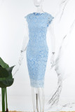 Robes de jupe crayon décontractées à col rond et patchwork bleu clair
