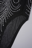 Robe longue noire Sexy en Patchwork, perçage à chaud, fente transparente, col rond