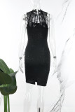Vestido negro sexy de retazos lisos, transparente, medio cuello alto, sin mangas, Vestidos