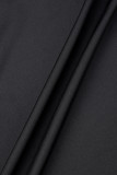 ブラックカジュアルプリント中空小帯フード付き襟半袖ドレスプラスサイズのドレス