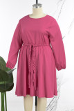 Rose Red Casual Solid Basic O Neck Long Sleeve Plus Size Dresses