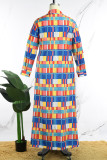 Colour Casual Print Patchwork Turndown Collar Plus Size Overcoat (Subject To The Actual Object)