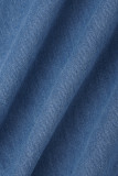 Sky Blue Casual Solid Patchwork Turndown Collar Short Sleeve Skinny Denim Jumpsuits
