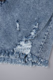 Azul profundo casual sólido rasgado turndown colarinho manga comprida macacões jeans regulares