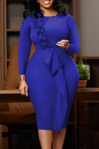 Королевские синие повседневные однотонные лоскутные платья с круглым вырезом и длинными рукавами