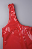 Rode sexy effen rugloze mouwloze jurk met één schouder