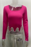 Rose Red Casual Solid Patchwork Pearl O Neck Toppar