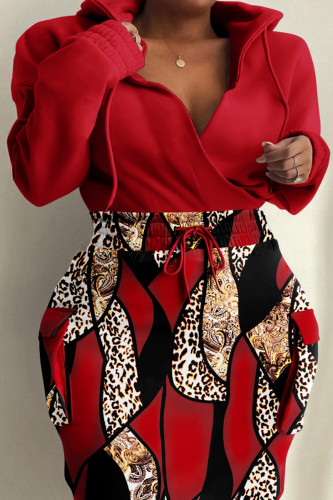 Rouge élégant Patchwork Patchwork cordon de serrage col POLO jupe crayon robes de grande taille