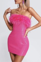 ピンクのセクシーなパッチワーク スパンコール バックレス ストラップレス ラップ スカート ドレス