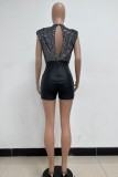Black Casual Patchwork Sequins Backless O Neck Skinny Rompers