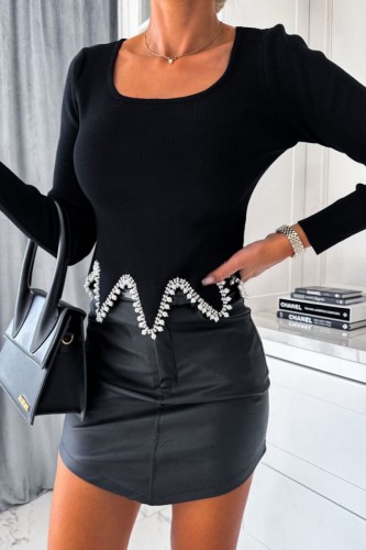 Black Casual Solid Patchwork Pearl O Neck Tops