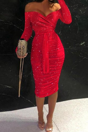 Red Sexy Casual Solid Patchwork Off the Shoulder Long Sleeve Dresses