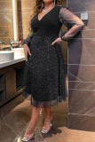 Black Casual Patchwork See-through V Neck Long Sleeve Plus Size Dresses