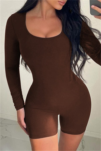 Coffee Casual Solid Basic O Neck Skinny Rompers